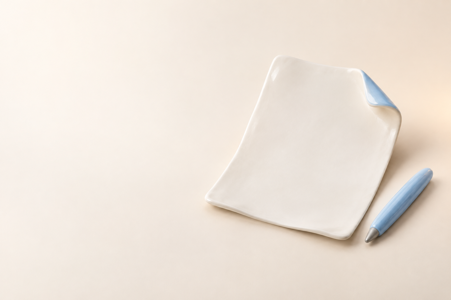 A blank clay letter sheet with a folded blue corner beside a small blue clay pen on a pale surface.