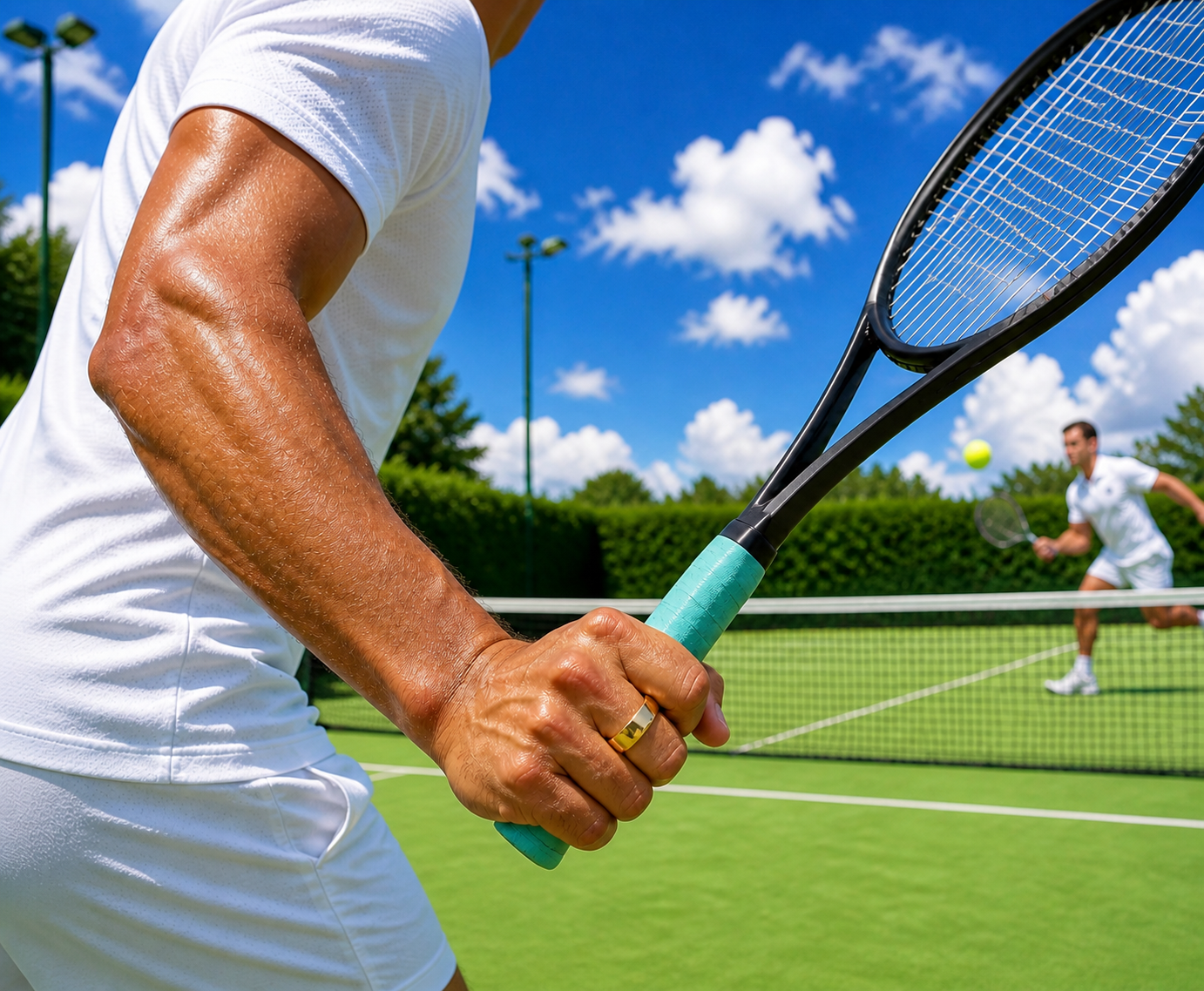 Two people playing tennis on an outdoor court, with a Pulsyn Rune 1 ring visible on the closer player's hand.