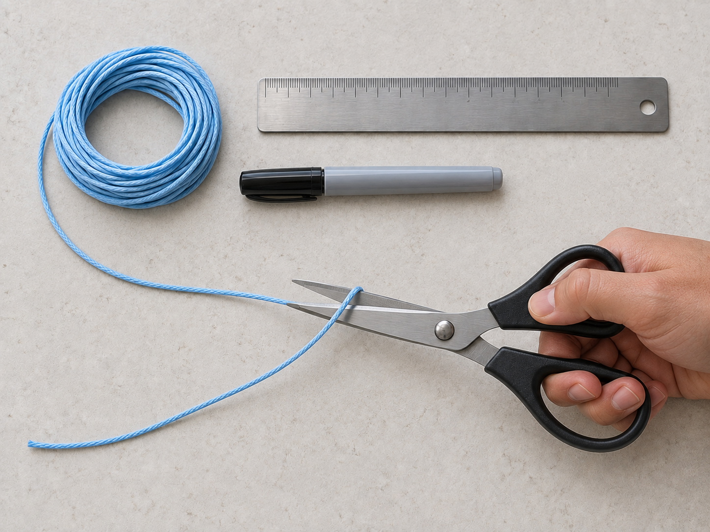 Hands cutting a comfortable length of loose string on a plain surface