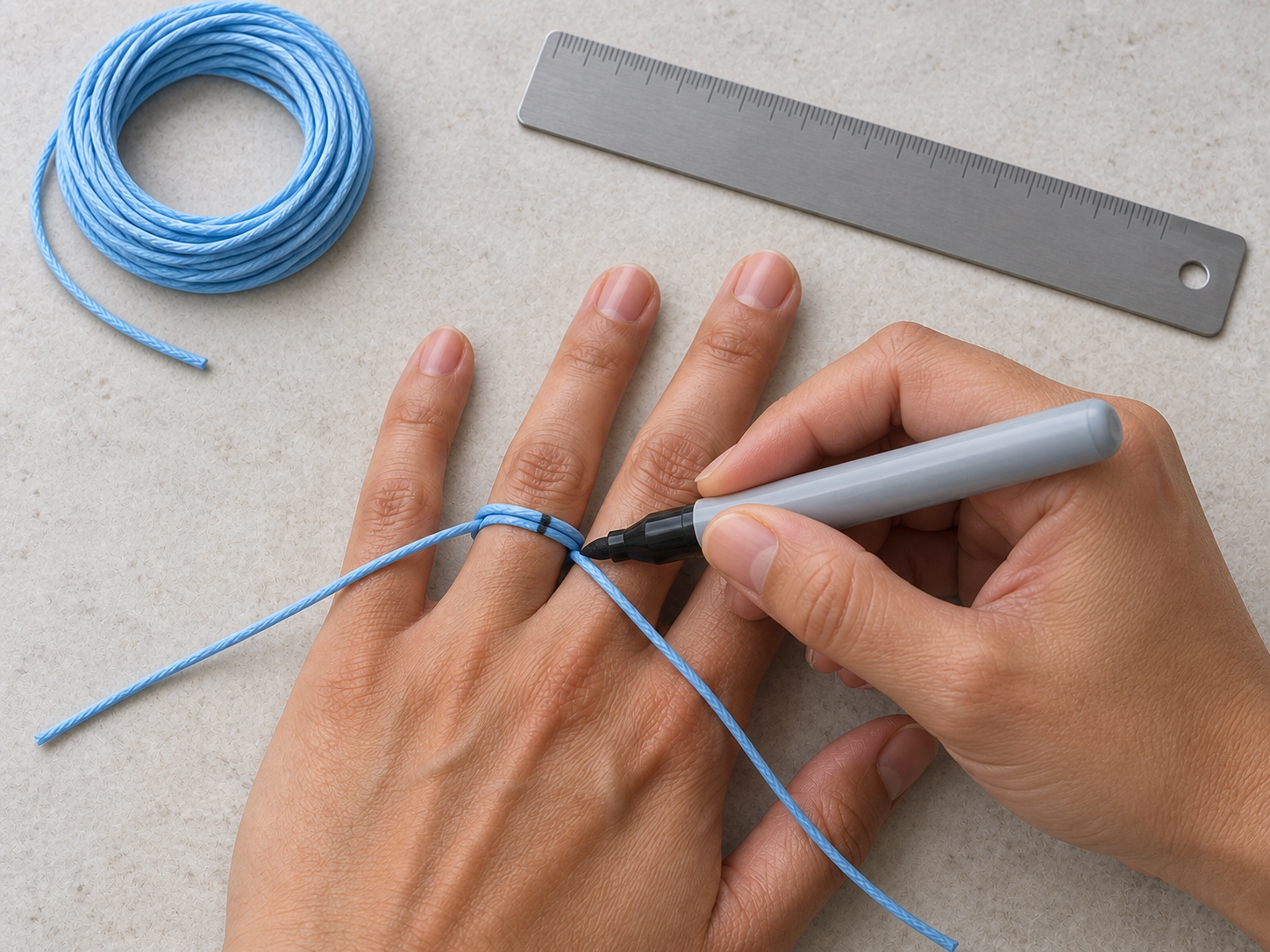 Pen marking the point where the string overlaps at the finger