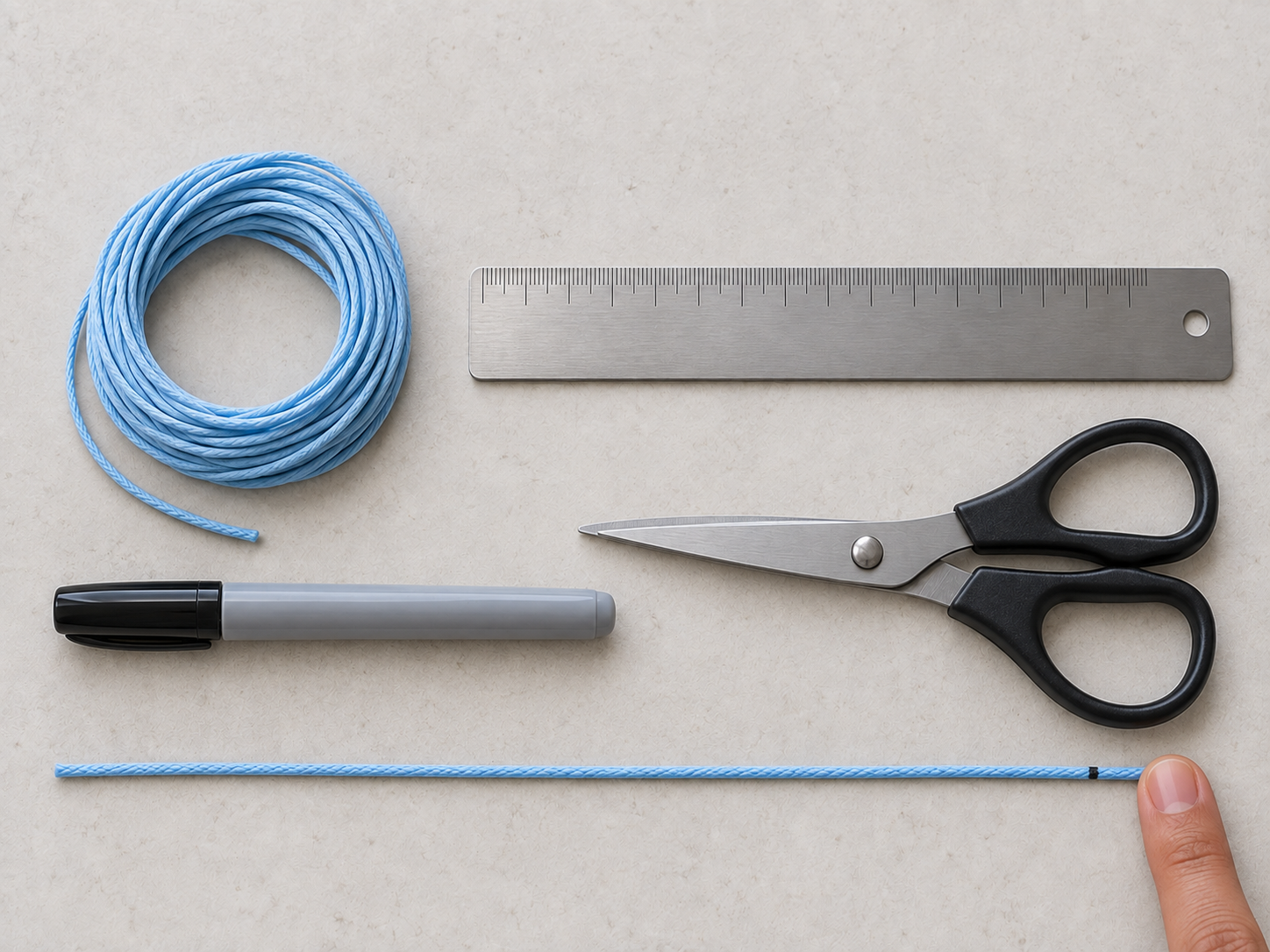 Marked string removed from the finger and laid straight and flat
