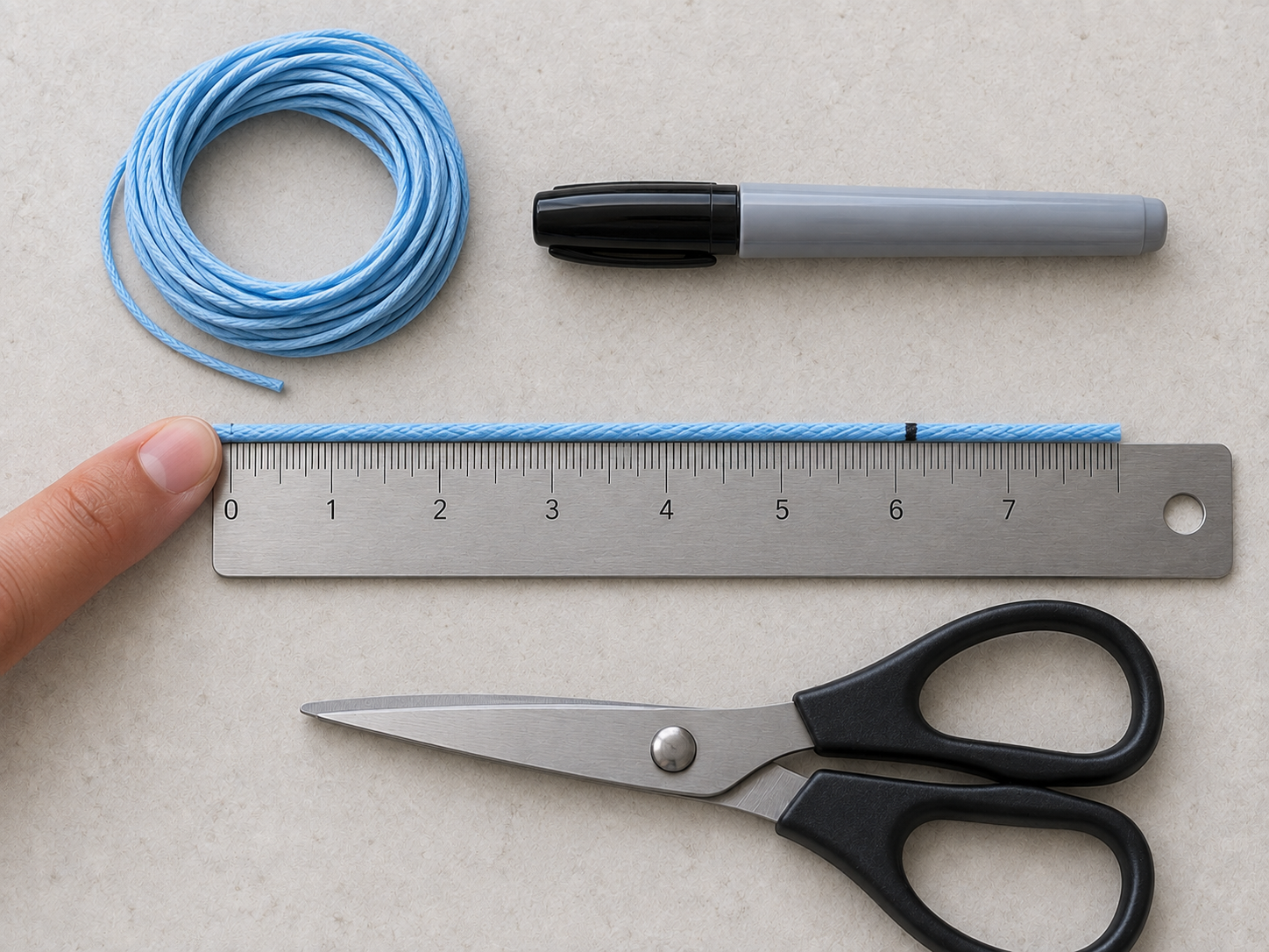 Marked string laid straight against a metric ruler