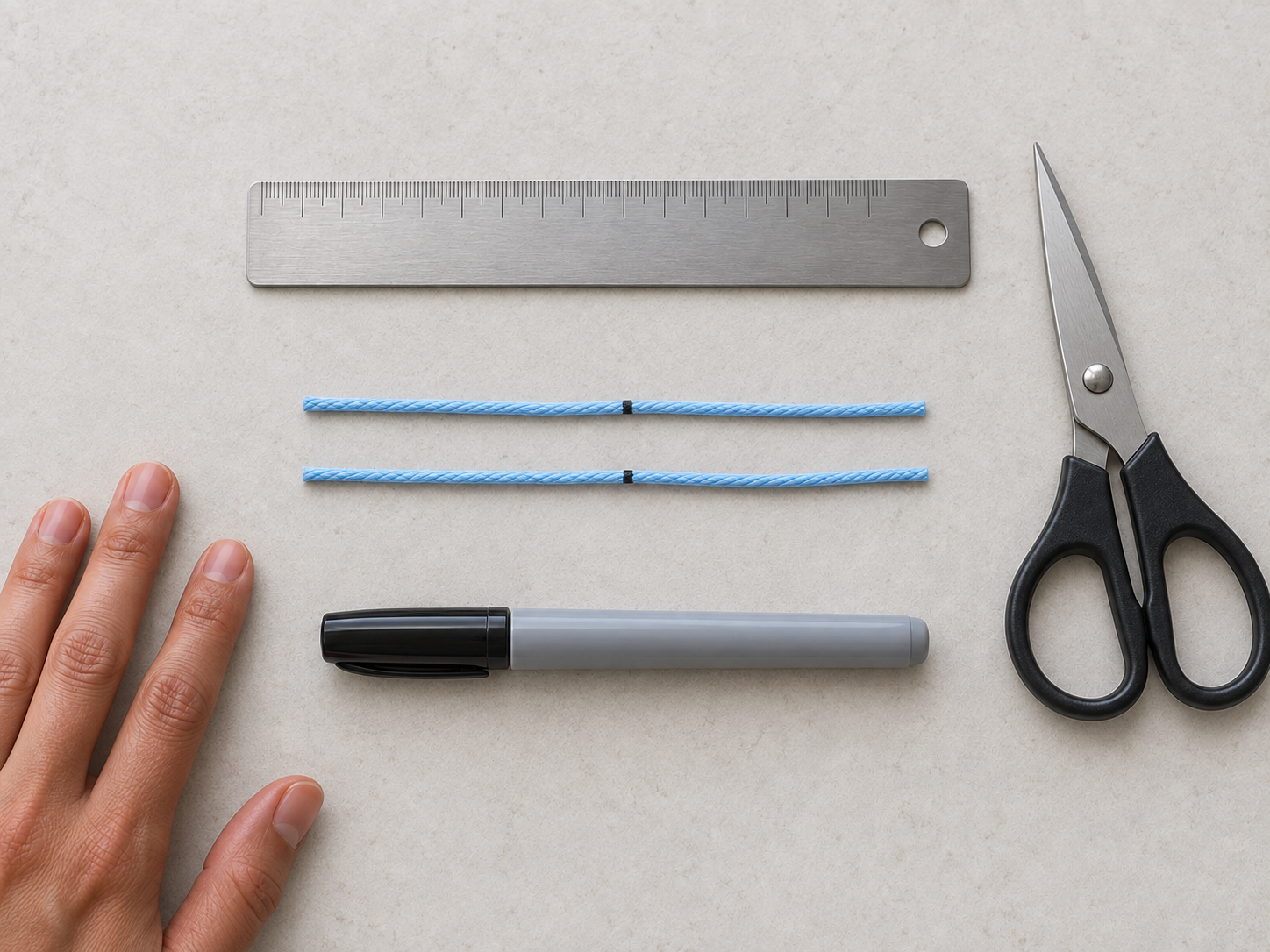 String wrapped again at the finger base to repeat and compare the measurement